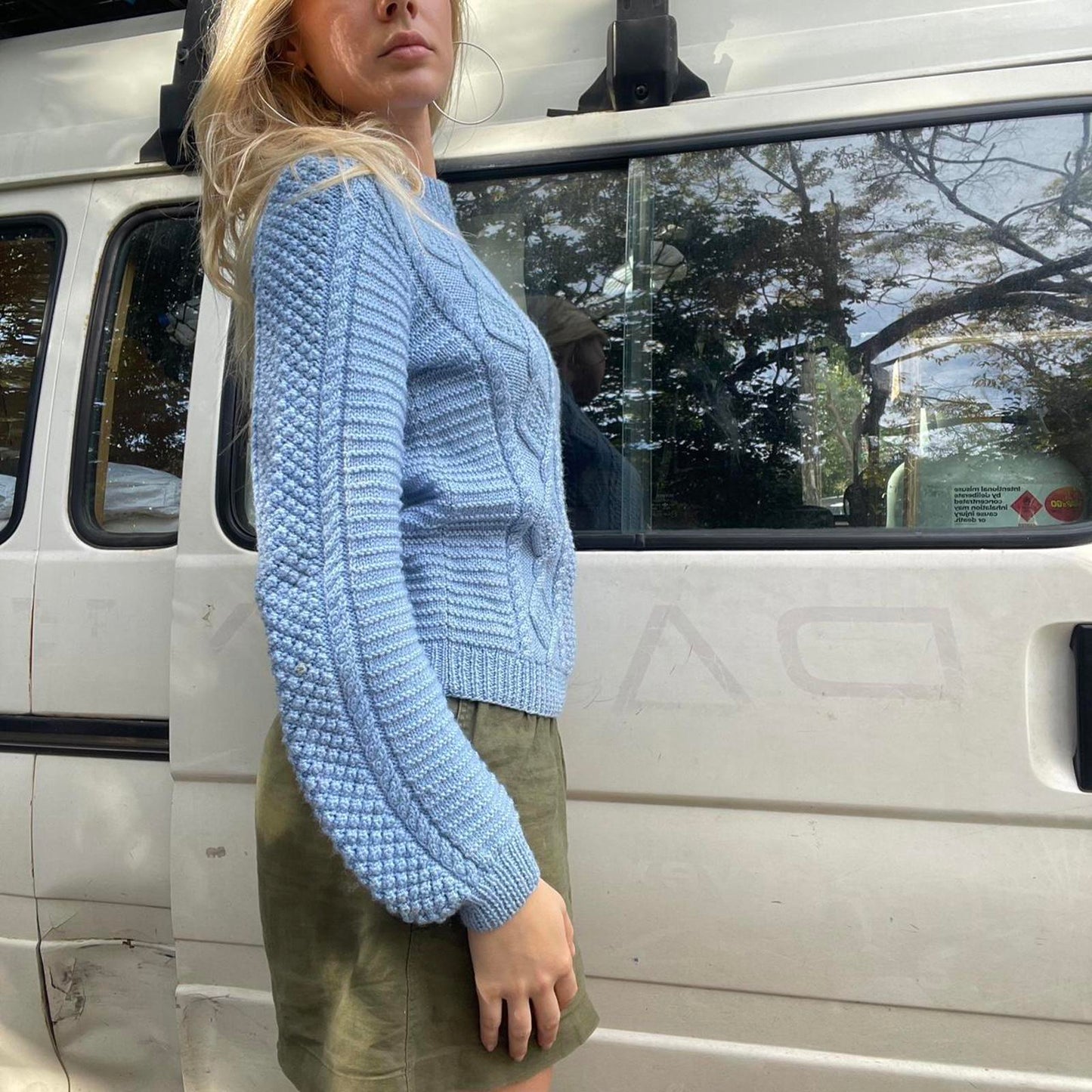 Blue cable knit sweater
