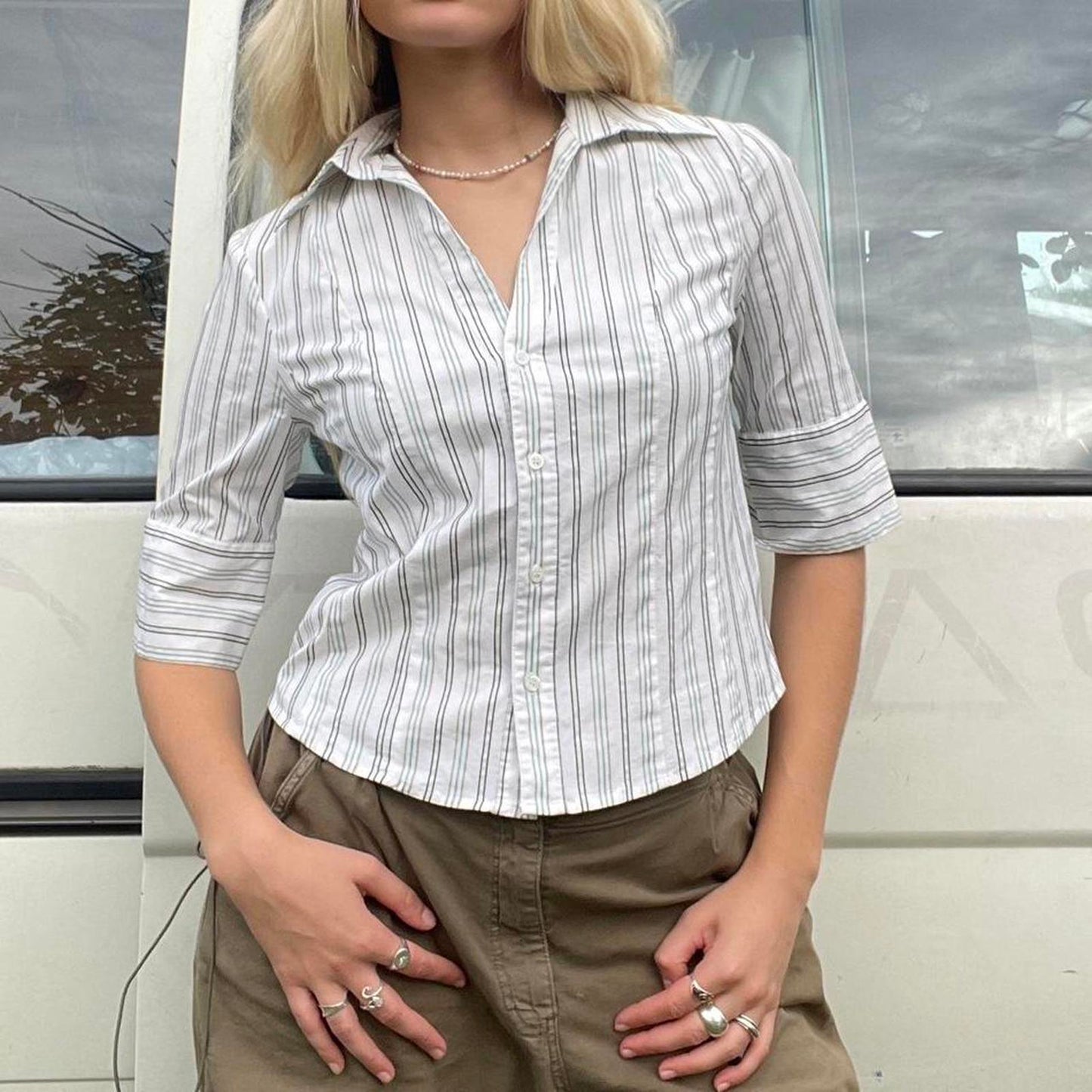 White and navy striped shirt #stripes