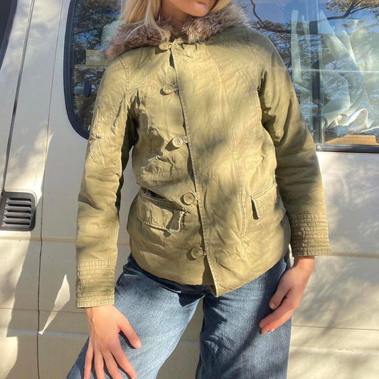 Khaki green vintage puffer jacket with faux fur hood