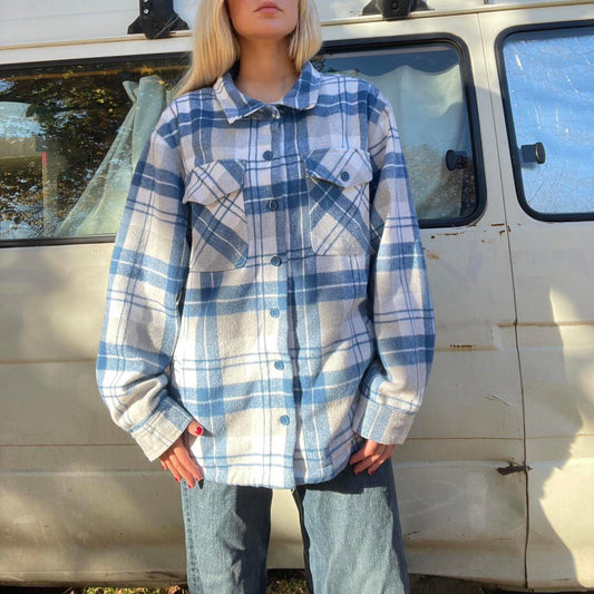 Blue and white plaid flannel jacket