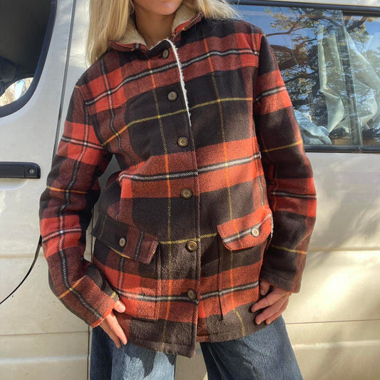 Brown and orange plaid flannel jacket