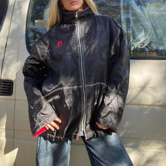 Black and red reversible vintage windbreaker/fleece jacket with draw strings