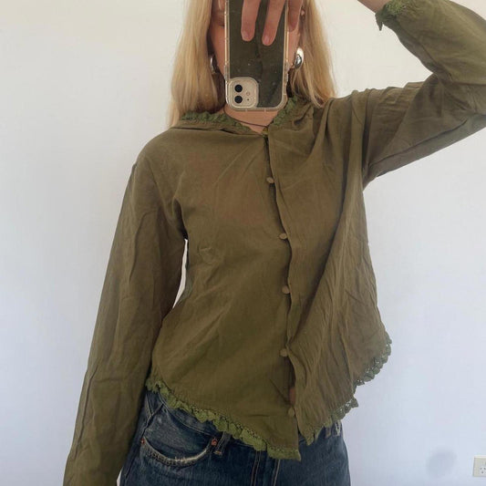 Khaki and green ruffle button up top
