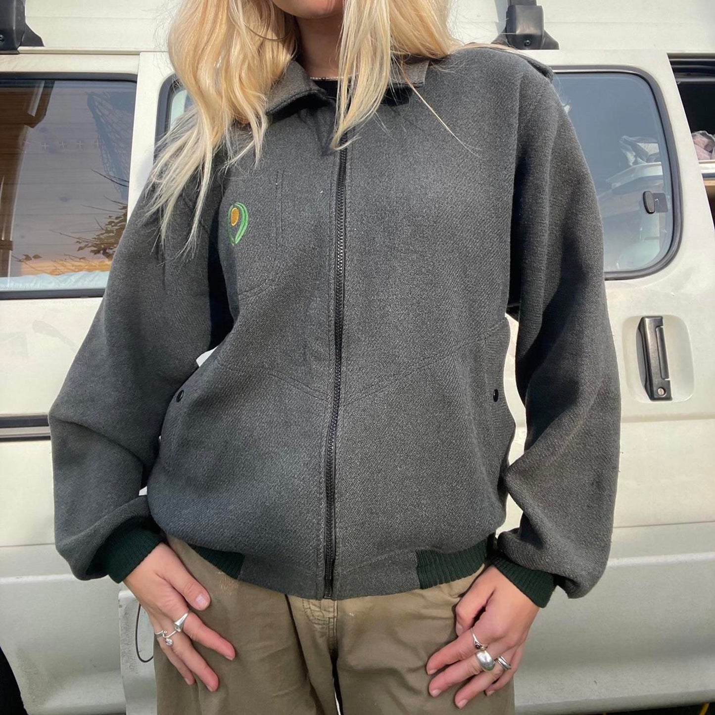 Grey/Green 90% Wool zip up jacket with green embroidered logo - made in Australia