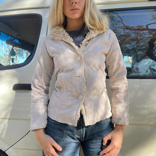 Tan corduroy jacket with faux fur trim