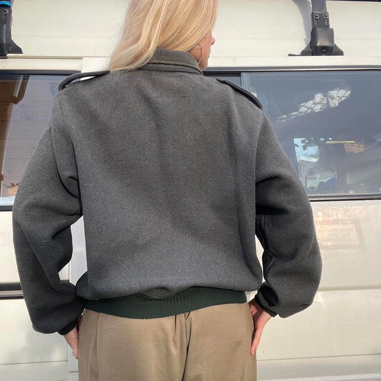 Grey/Green 90% Wool zip up jacket with green embroidered logo - made in Australia
