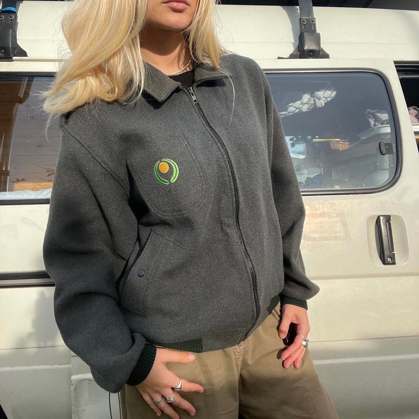 Grey/Green 90% Wool zip up jacket with green embroidered logo - made in Australia