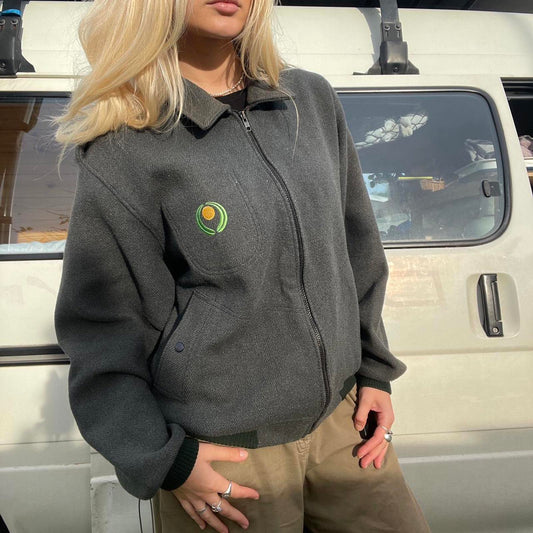 Grey/Green 90% Wool zip up jacket with green embroidered logo - made in Australia