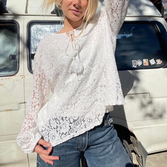 White lace blouse with tie detail