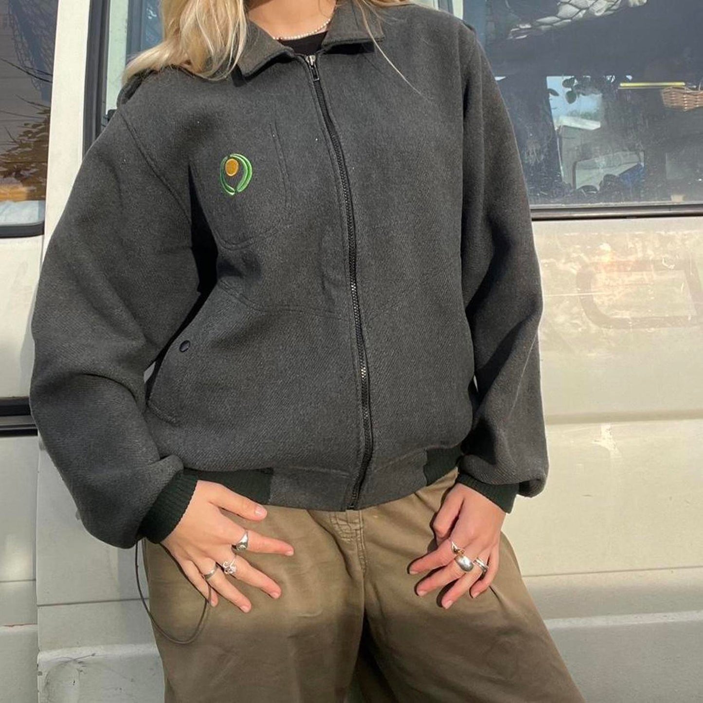 Grey/Green 90% Wool zip up jacket with green embroidered logo - made in Australia