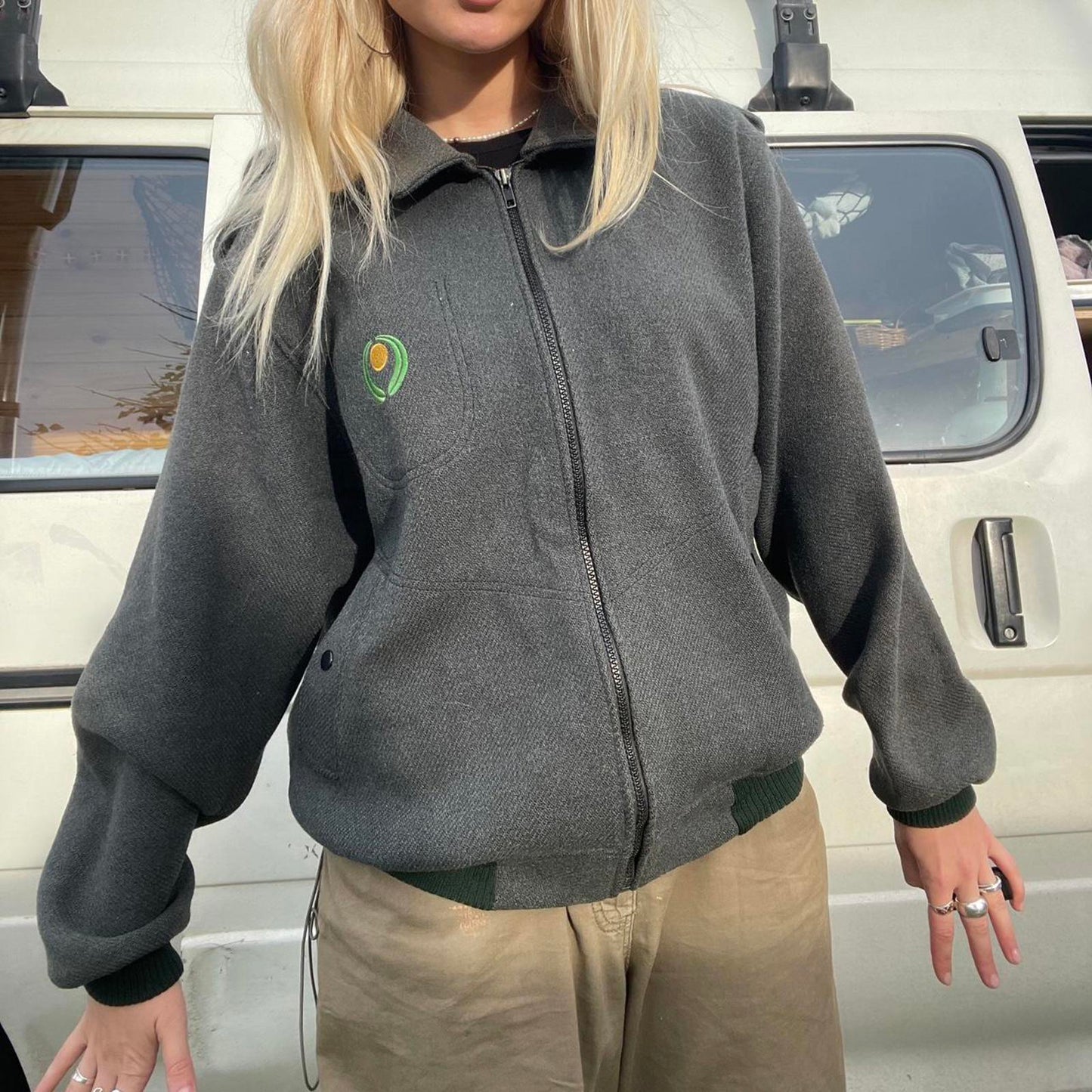 Grey/Green 90% Wool zip up jacket with green embroidered logo - made in Australia