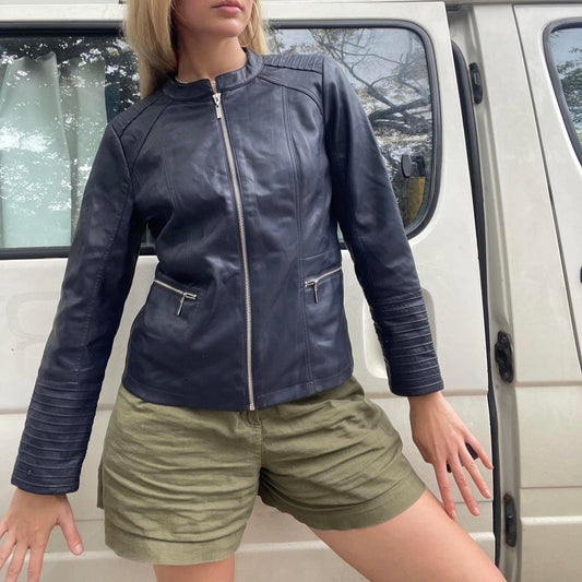 Navy blue faux leather jacket with zip pockets and a casual, sporty vibe #leatherjacket leather