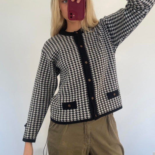 Black and white cardigan with button-up front and pockets cardigan- made in Aus