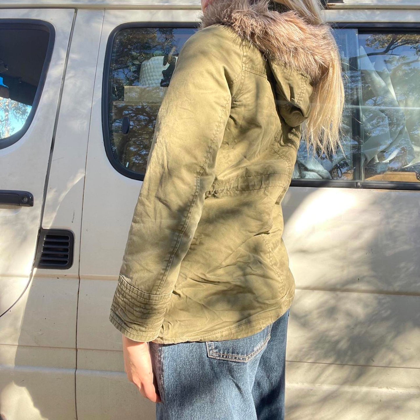 Khaki green vintage puffer jacket with faux fur hood