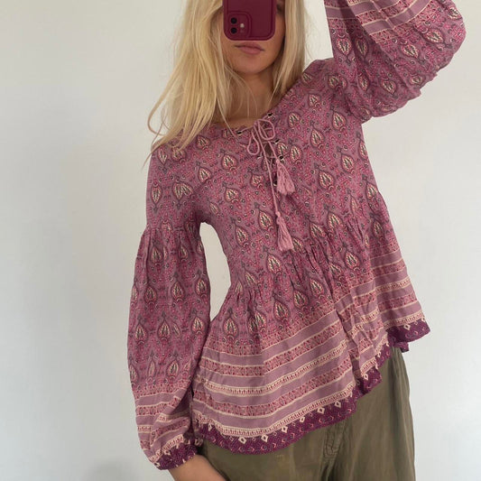 Boho pink and purple paisley print blouse with tassel tie detail