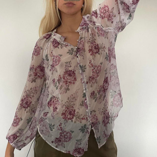 Sheer floral blouse with ruffle collar, button-up front, and long sleeves #fairy #cottagecore